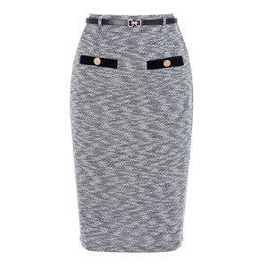 Women's Pencil Skirt Button Decor Bodycon Office Tweed Skirt w Belt Black